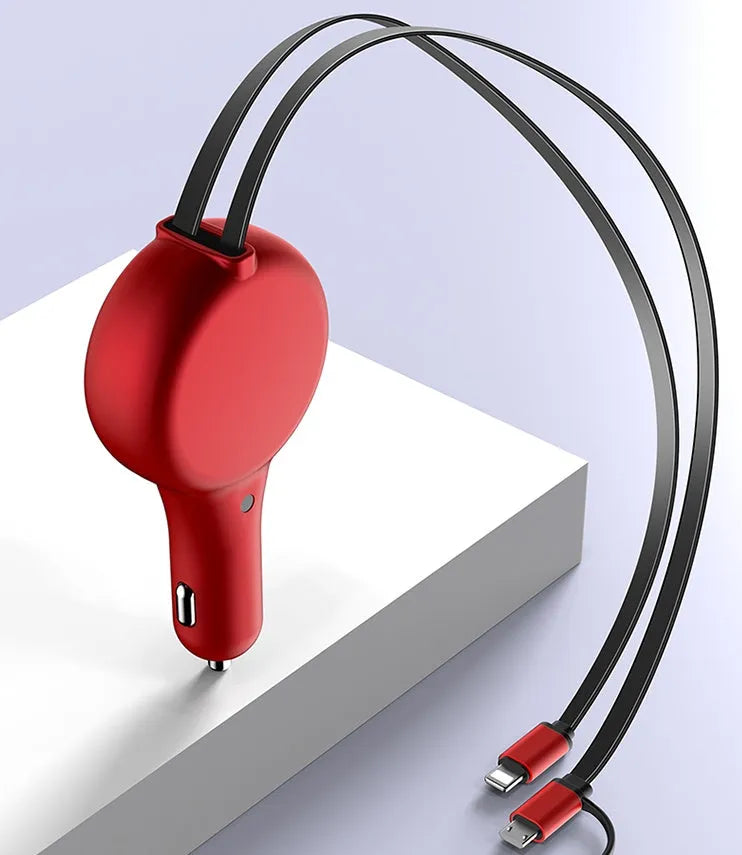 Black retractable car charger with extended cables showing Type-C, Lightning, and Micro-USB heads plugged into a car's 12V socket.