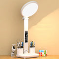 LED clock table lamp with USB charging, dimmable, foldable, with built-in fan and pen holder options, 7 watts, 40 LED beads
