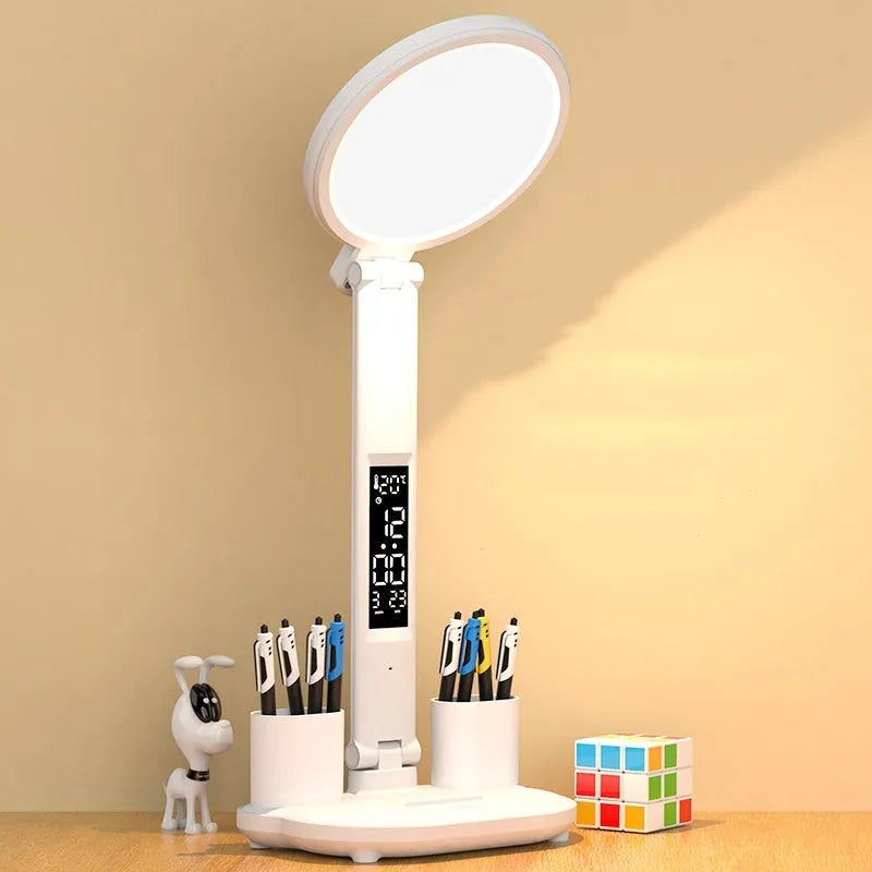 LED clock table lamp with USB charging, dimmable, foldable, with built-in fan and pen holder options, 7 watts, 40 LED beads