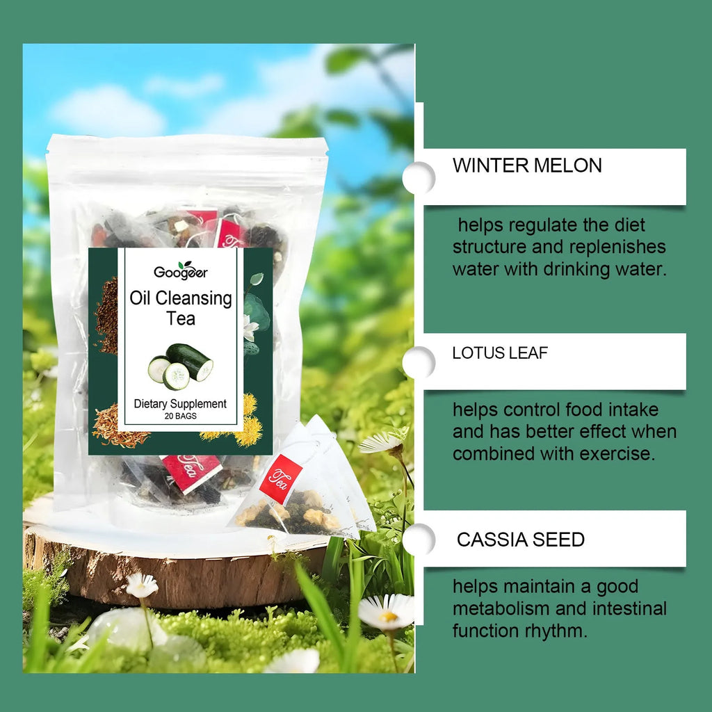 Googeer oil cleansing herbal tea box with twenty tea bags containing six traditional ingredients