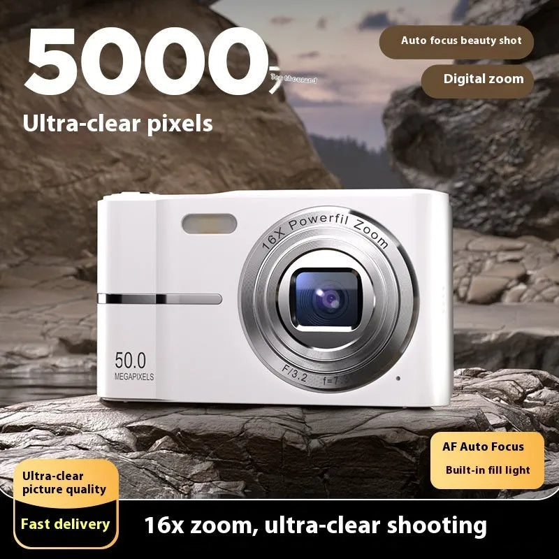 Compact HD 4K digital camera in black, green, pink, or white colours with full manual controls