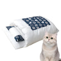 Winter cat sleeping bag bed with removable pillow shown in size Large for pets up to 6kg.