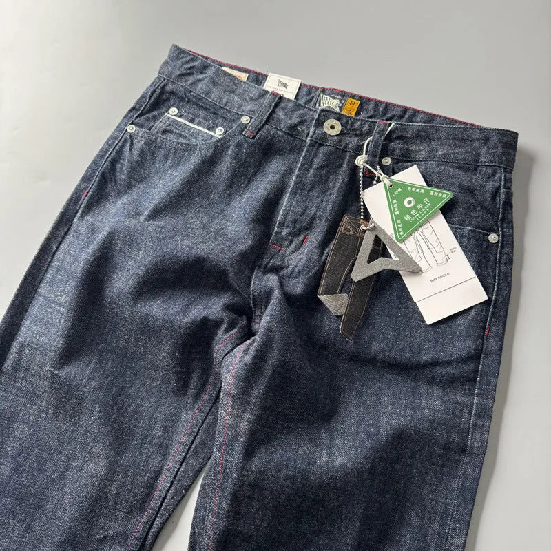 Men's straight-leg denim trousers in primary colour with mid-waist design and regular length