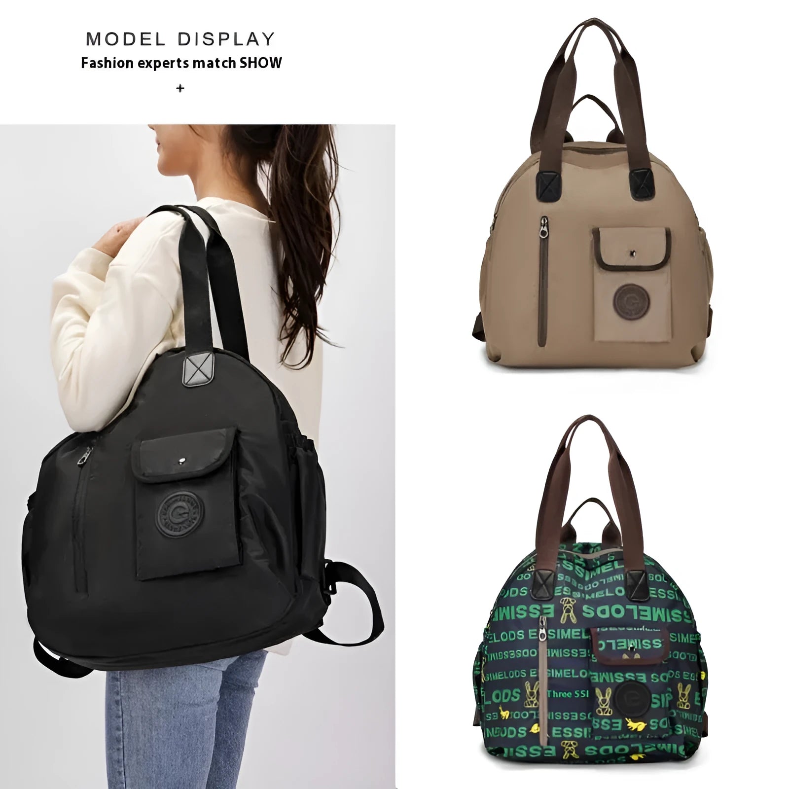 Large lightweight outdoor backpack in nylon, showing sandwich pocket, in black, khaki, or green letter print colours.