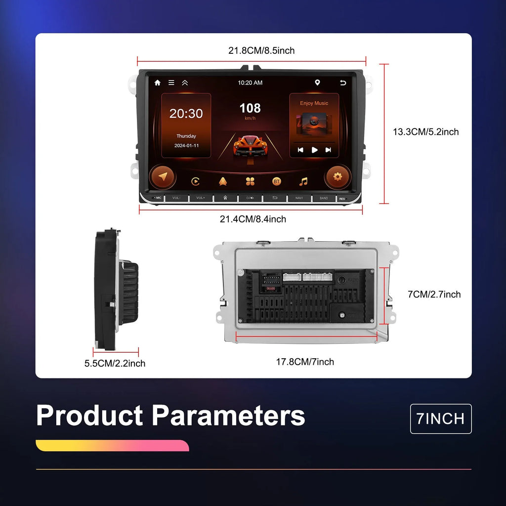 Volkswagen car dashboard showing 7-inch Android central control unit with navigation map on screen