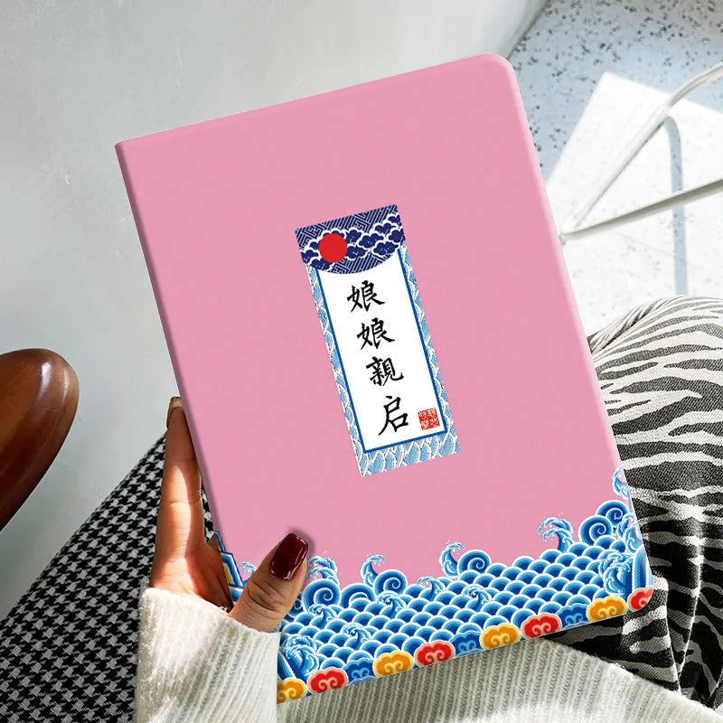 Cartoon leather design TPU protection case for an iPad tablet on a table.