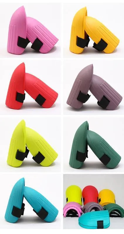 Pair of rectangular EVA foam knee pads in chosen colour on a garden surface