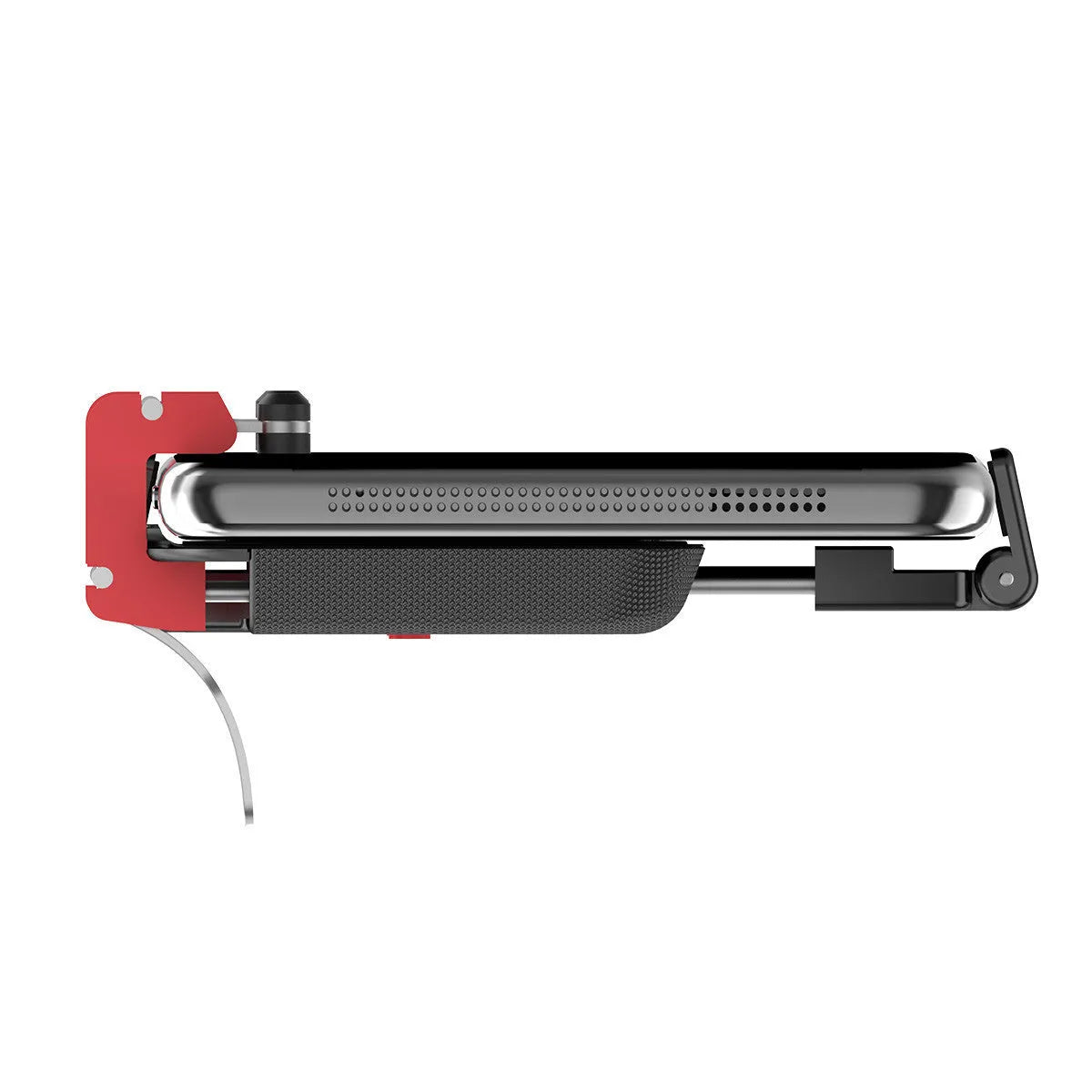 Black mobile gaming trigger stand with adjustable telescopic phone clip and sliding trigger button.