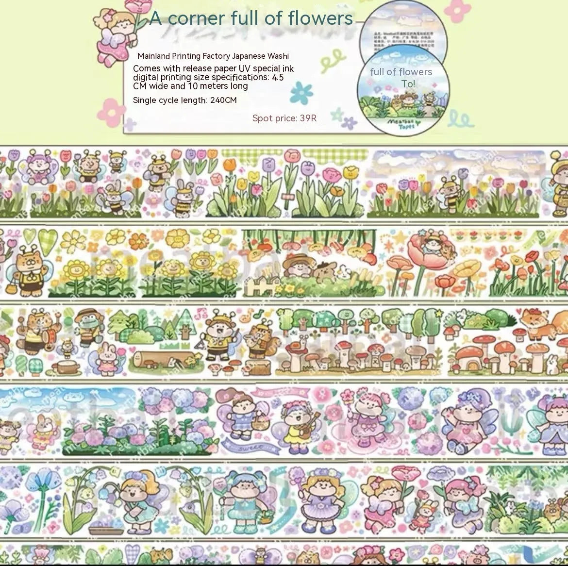 Sheet of cute cartoon character stickers for haemorrhoid tape packaging on Japanese paper.