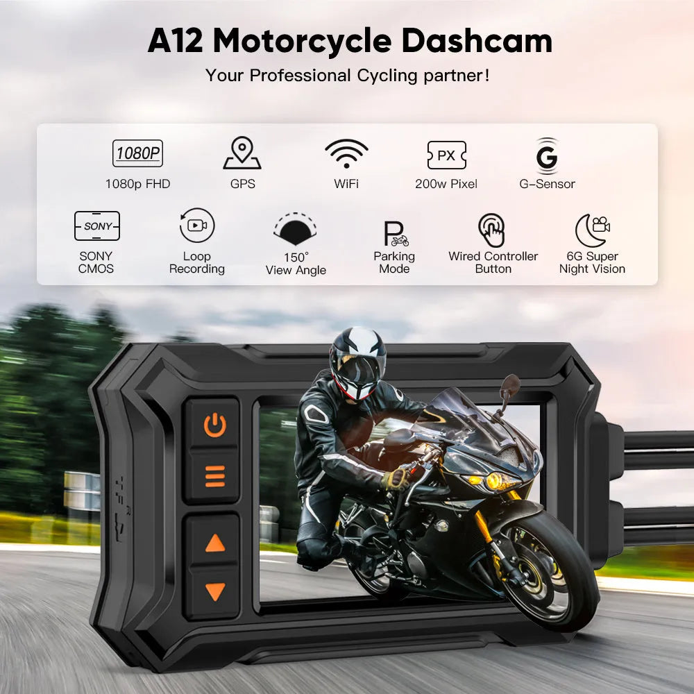 Motorcycle tachograph recorder with 3-inch display, dual lenses, GPS module, and waterproof housing