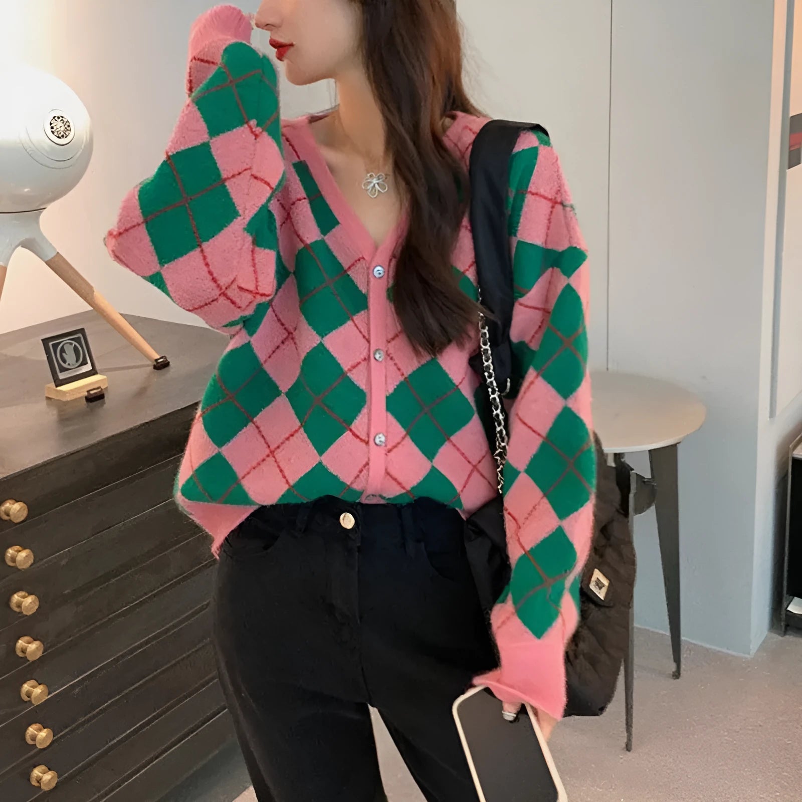 Casual acrylic knit cardigan in free size regular fit, shown in a macaron colour.