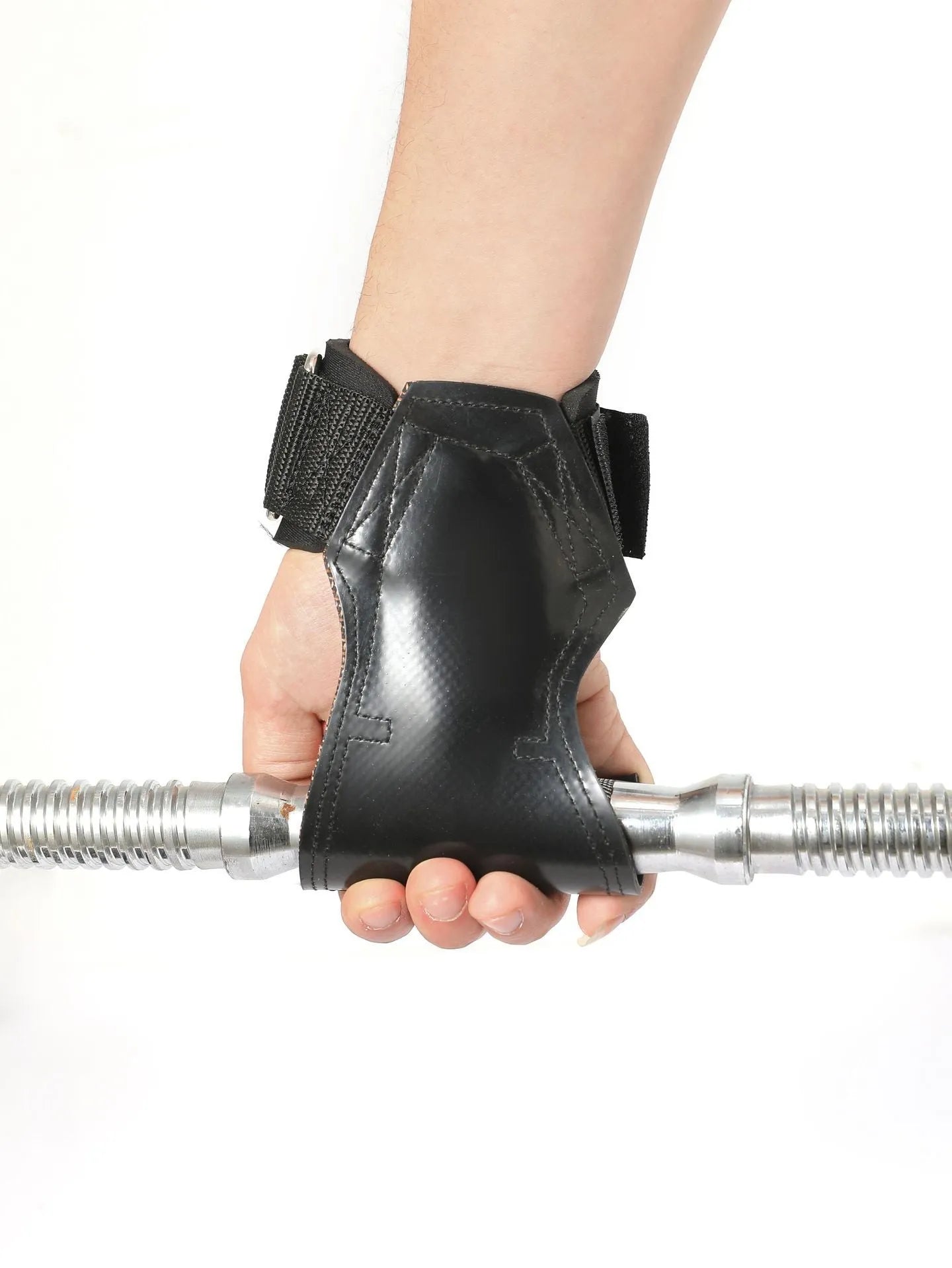 A pair of black rubber palm protection assist belts for rock climbing and weightlifting.