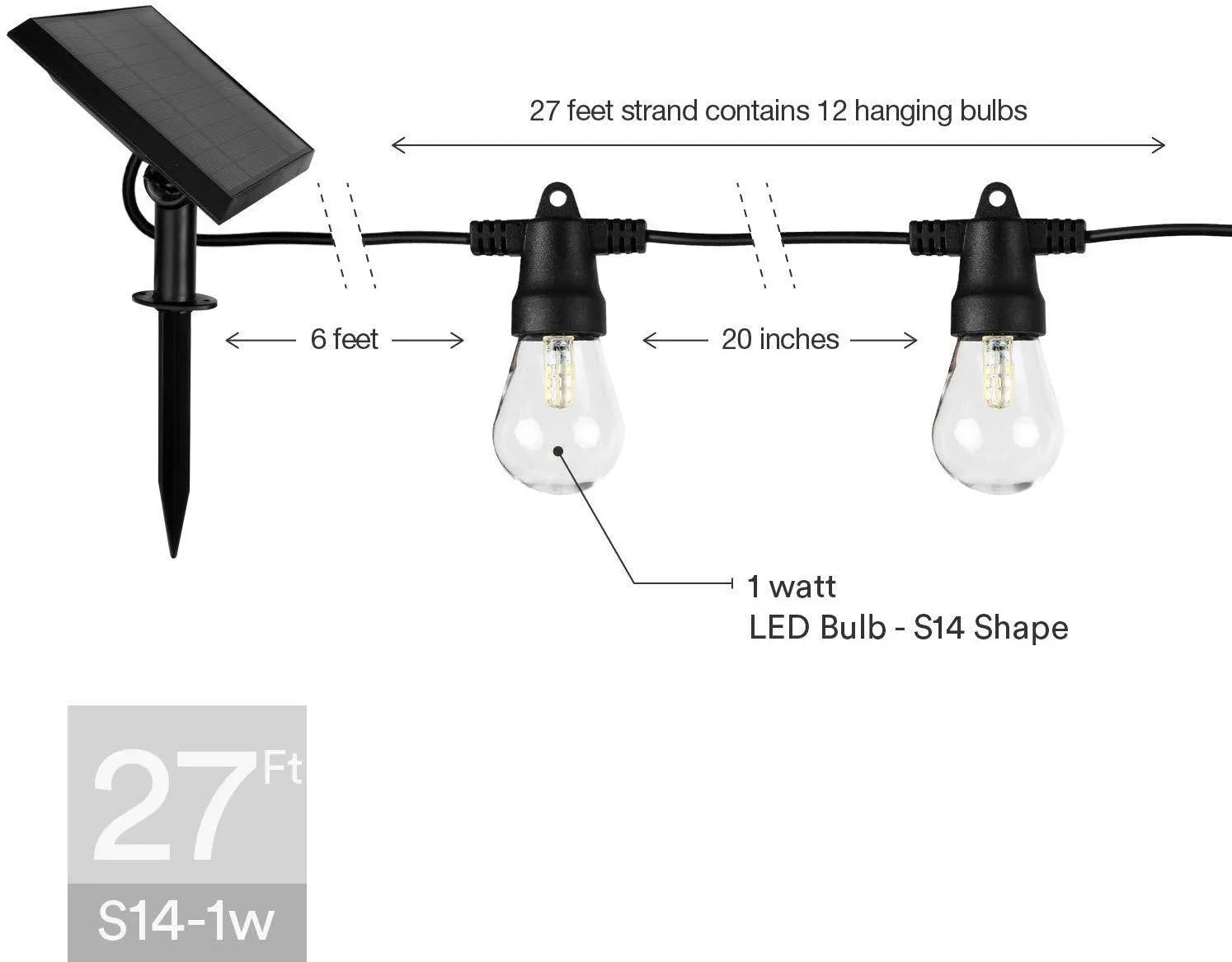 Waterproof solar-powered LED string lights hanging outdoors on a garden fence.