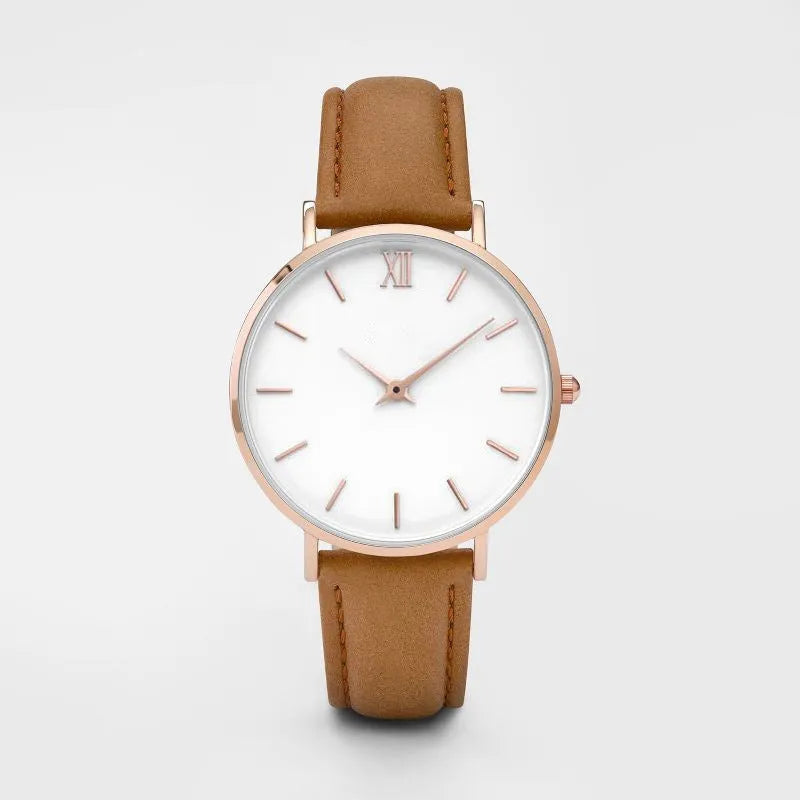 Square 35.5mm quartz watch with PU leather strap on wrist showing grey colour option