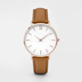 Square 35.5mm quartz watch with PU leather strap on wrist showing grey colour option