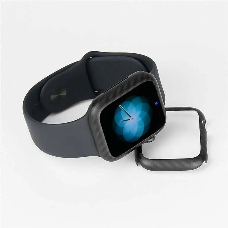 Apple Watch Series 4 carbon fibre leather case in bright black and matt black colours