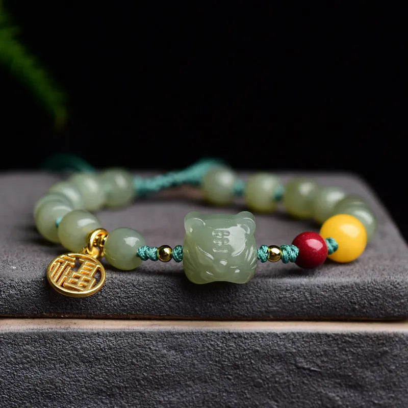 Natural Hetian Jade bracelet with cinnabar and beeswax beads, animal zodiac design