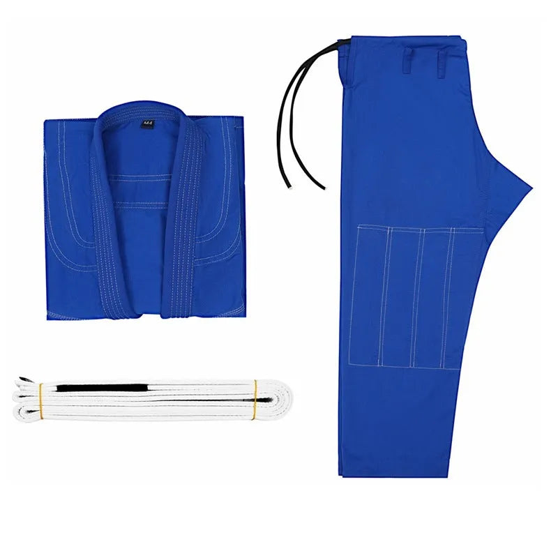 Thin Brazilian Jiu-jitsu gi set in cotton blend fabric showing complete training uniform