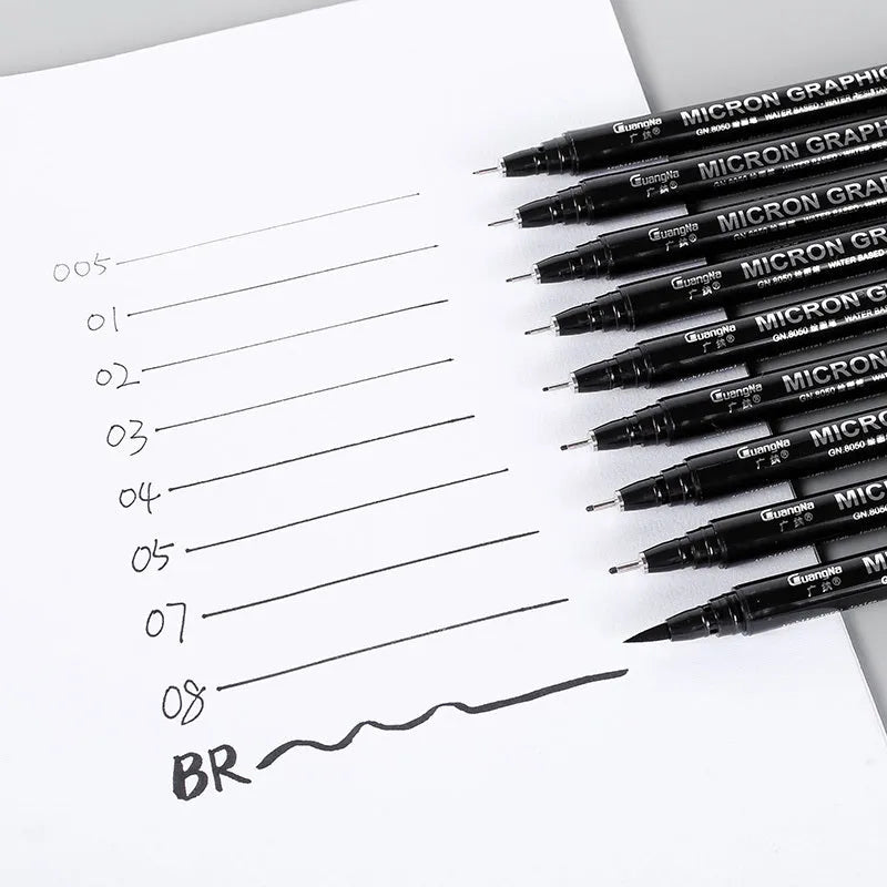 Set of 12 black comic hand-painted pens with various nib sizes in a storage bag organiser