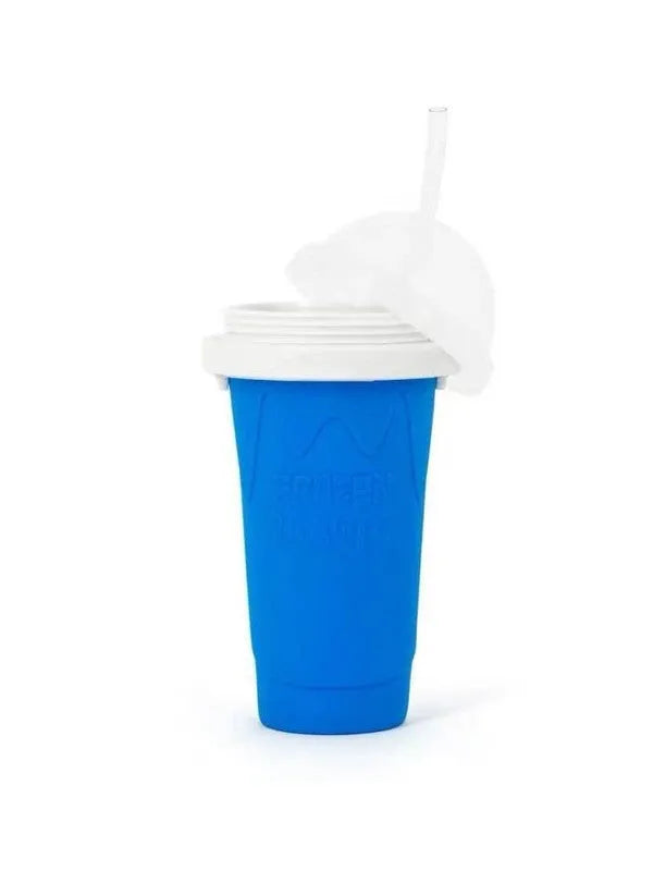 Blue quick refrigeration pinch cup with cylindrical shape and double-layer silicone construction on a table.