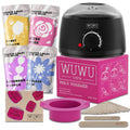 27-piece hypoallergenic wax kit with wax heater, coloured wax beads, and applicator sticks for home hair removal.