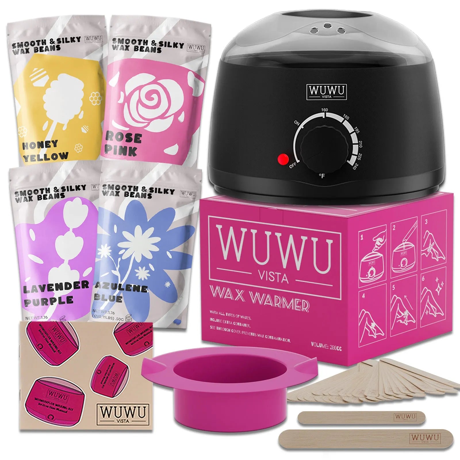 27-piece hypoallergenic wax kit with wax heater, coloured wax beads, and applicator sticks for home hair removal.