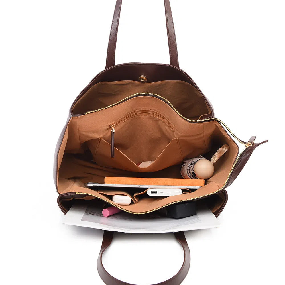 PU leather large-capacity horizontal rectangle bag in urban minimalist style with stitched seams and double shoulder straps