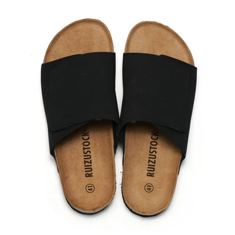 Men's retro cork-style platform slippers with frosted artificial PU upper in camel colour, rubber sole, slip-on design