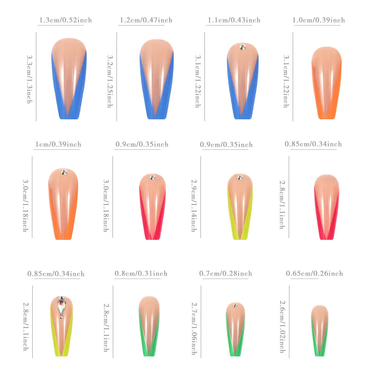 Diamond colour French false nail tips with red cartoon love hearts and black cross designs.