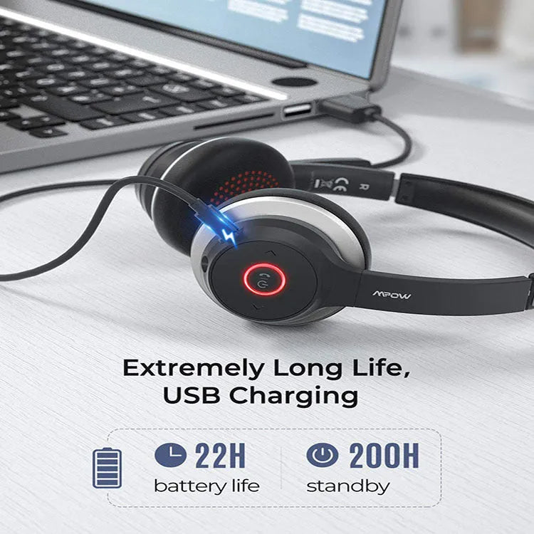 Black noise reduction earphone with head mounted design and Bluetooth 5.0