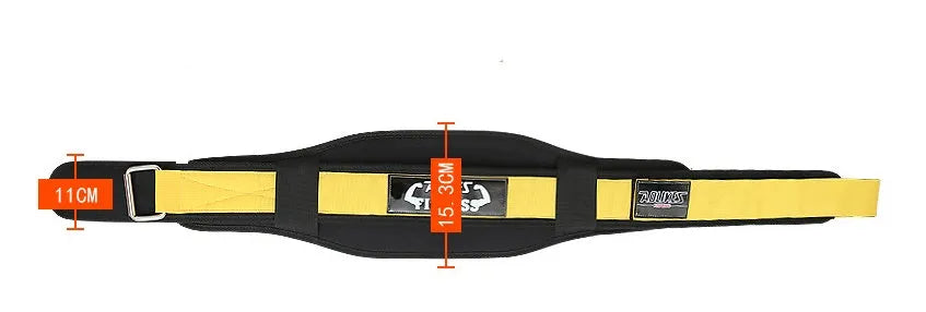 Black nylon fitness weightlifting waistband with adjustable hook and loop closure laid flat.