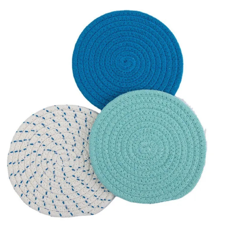 Cotton cord round coaster placemat three-piece set in blue colour with 18cm diameter