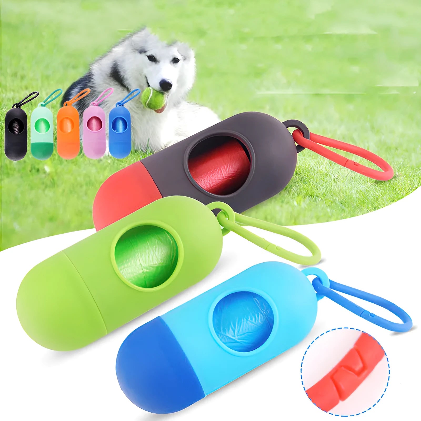 Lightweight dog poop bag holder with Velcro strap and metal hook in assorted colours