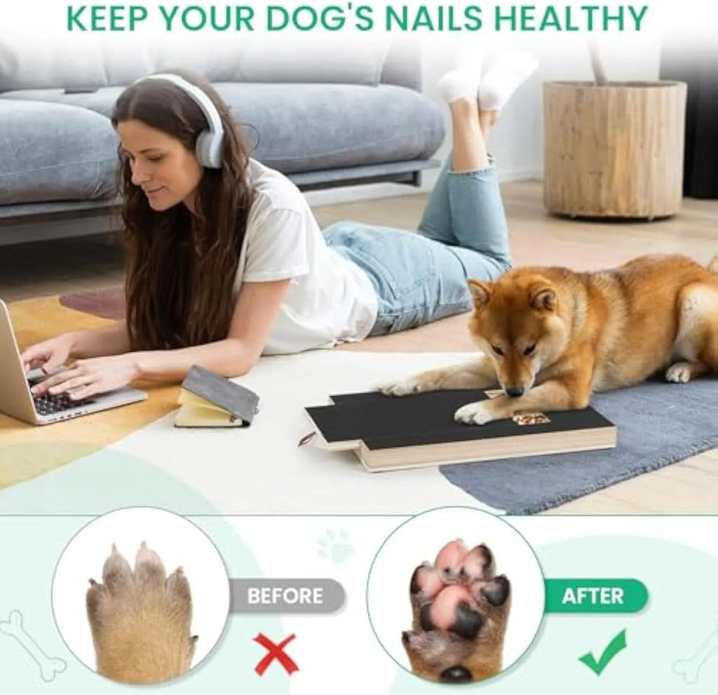 Black wooden dog nail scratch board with treat drawer and four circular anti-slip pads on base