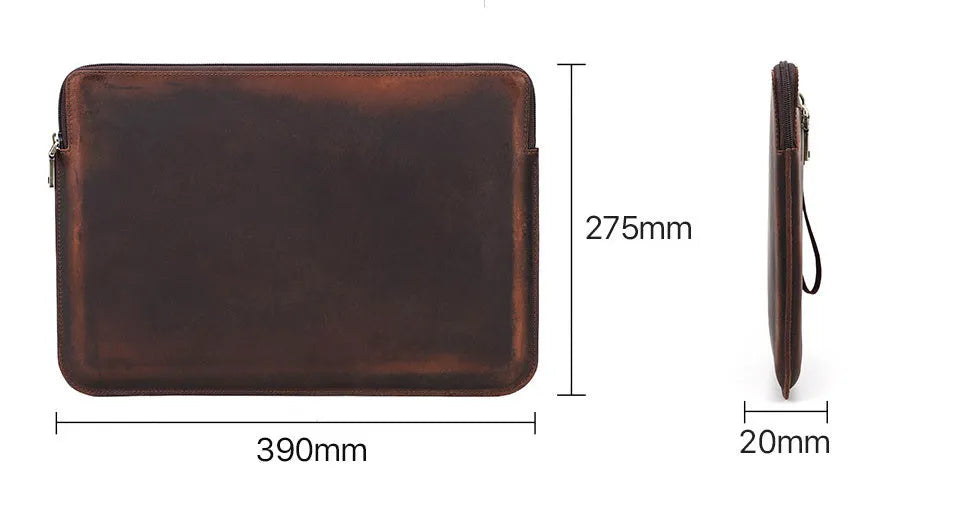 Retro Crazy Horse leather notebook zipper computer bag in coffee brown, sized for MacBook Pro 16 inch