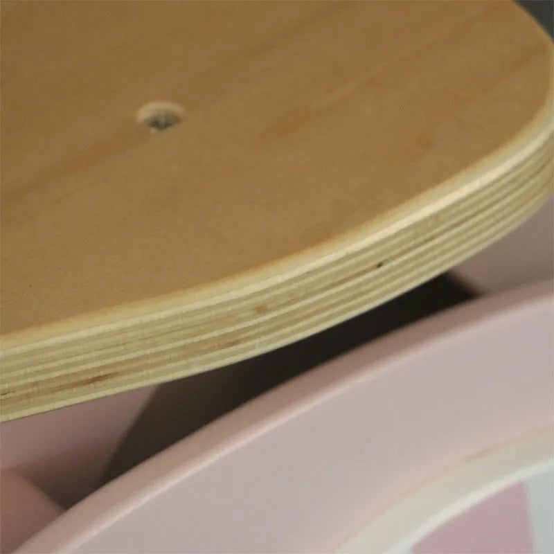 Pink wooden toddler balance scooter for children aged 1-6 years.