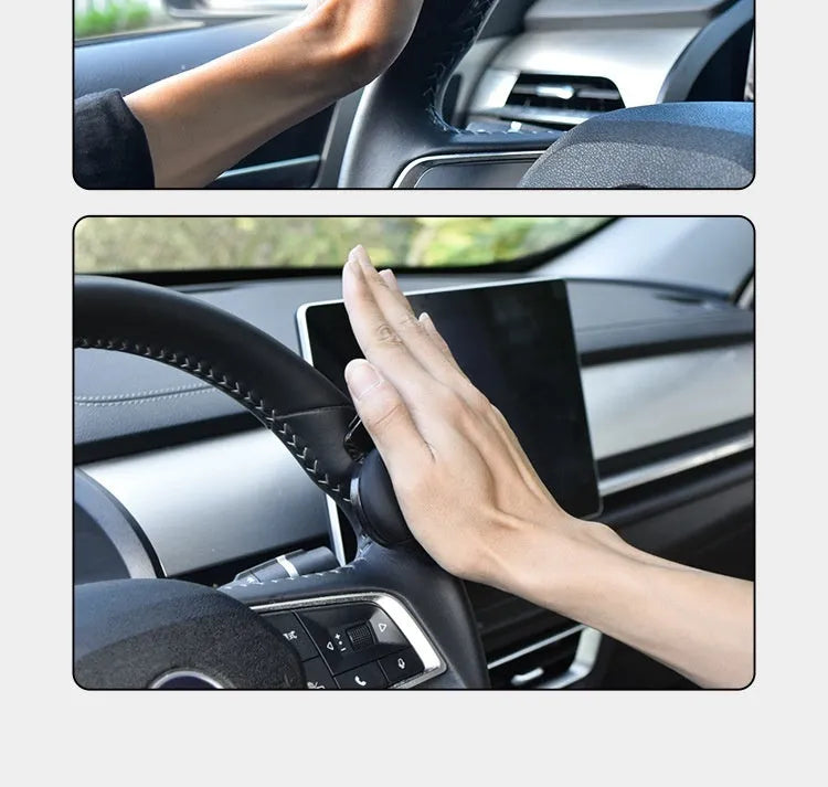 Black steering wheel assist ball with silicone grip surface shown on a car steering wheel