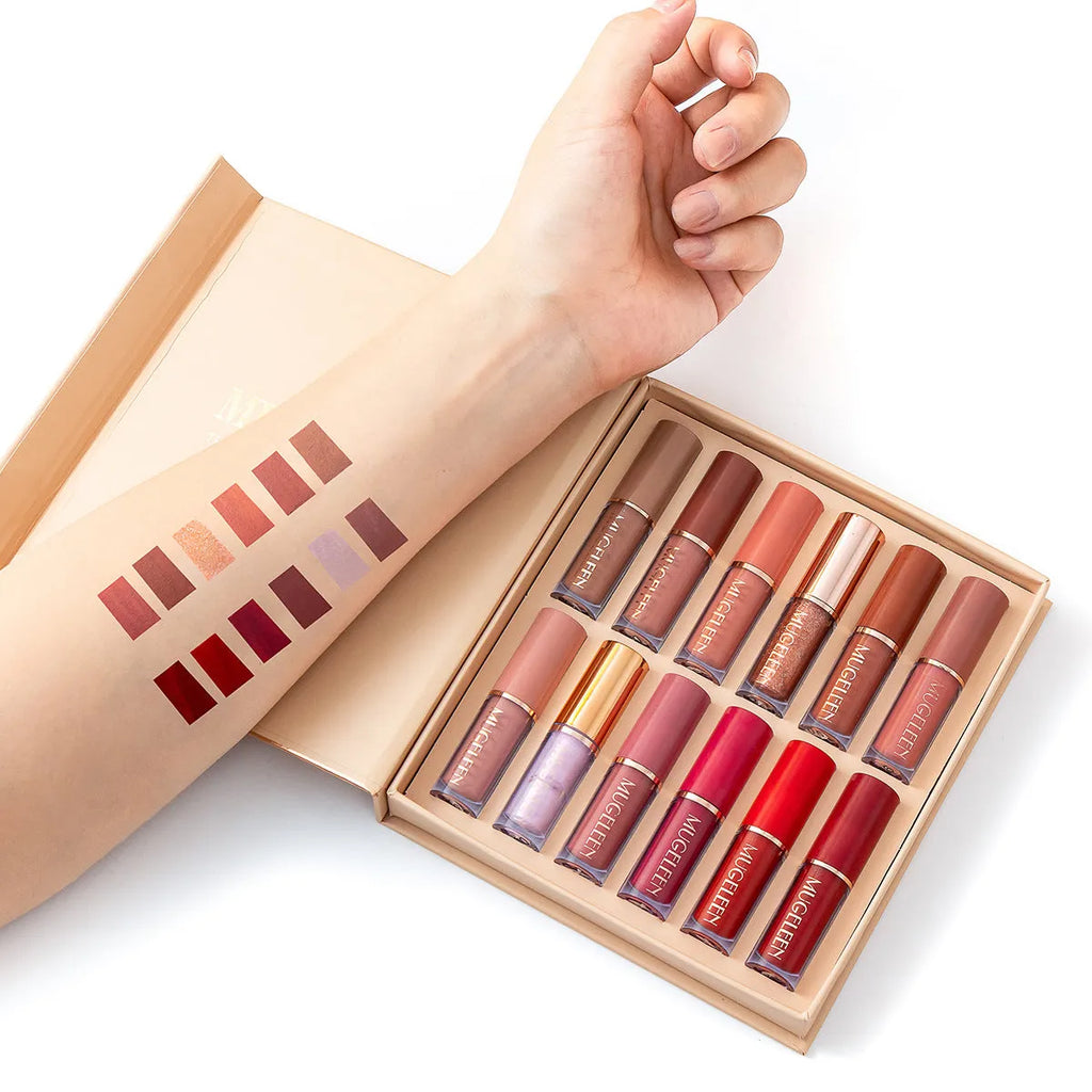12-piece matte shimmer lip glaze set showing multiple colour options with non-stain formula