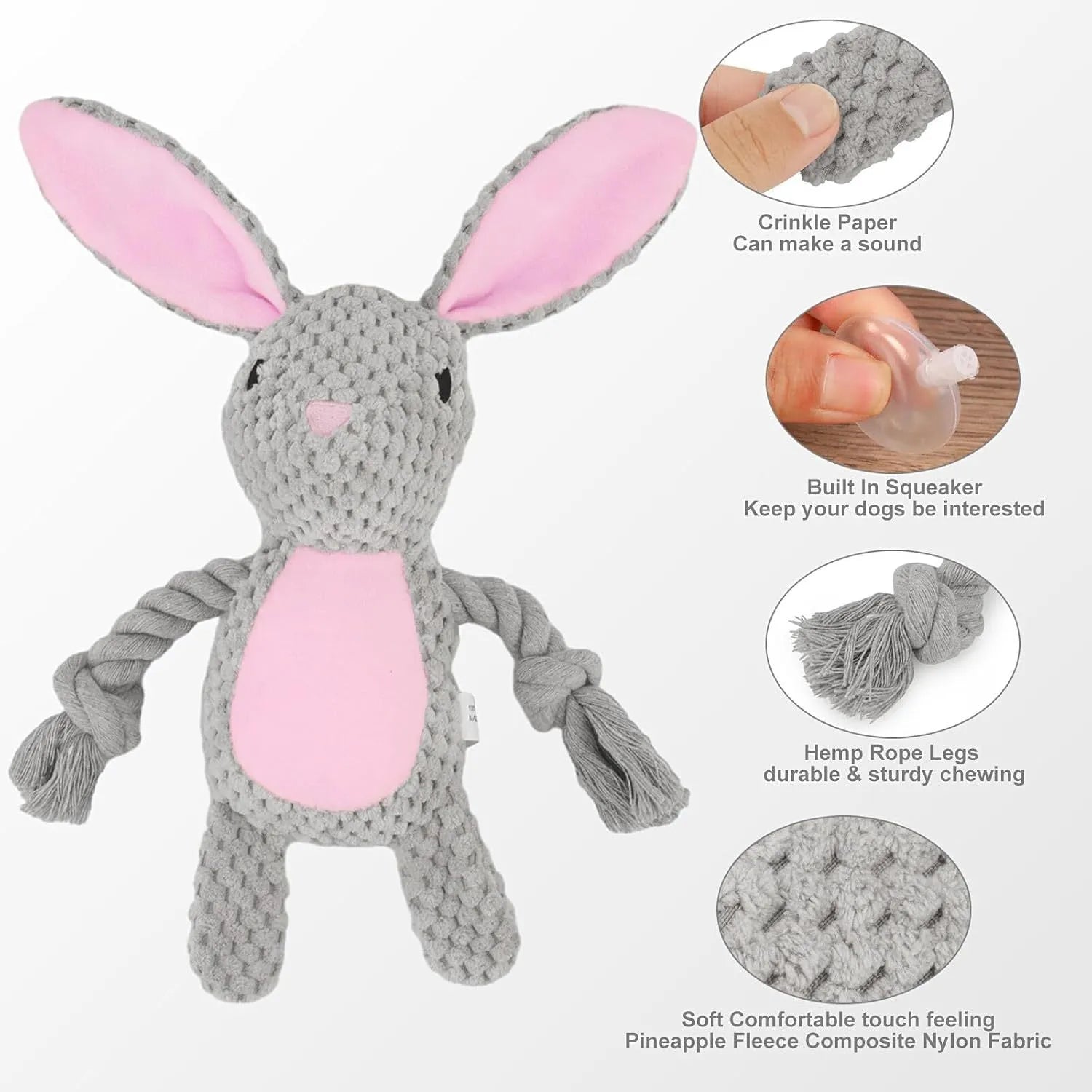 Soft plush dog toy with cotton rope, available as elephant, fox, monkey, pig, or rabbit, for small medium dogs.