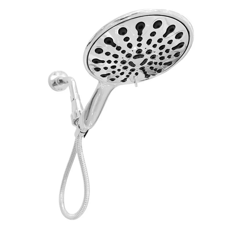 A portable handheld shower head with an electroplated metallic finish, showing its spray face and hose connection.