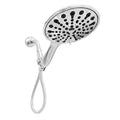 A portable handheld shower head with an electroplated metallic finish, showing its spray face and hose connection.