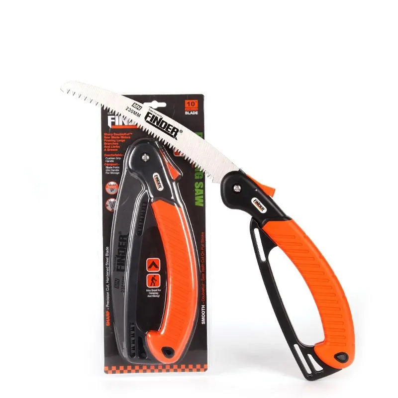 230mm folding garden saw with black TPR handle and silver steel blade, shown both open and closed.
