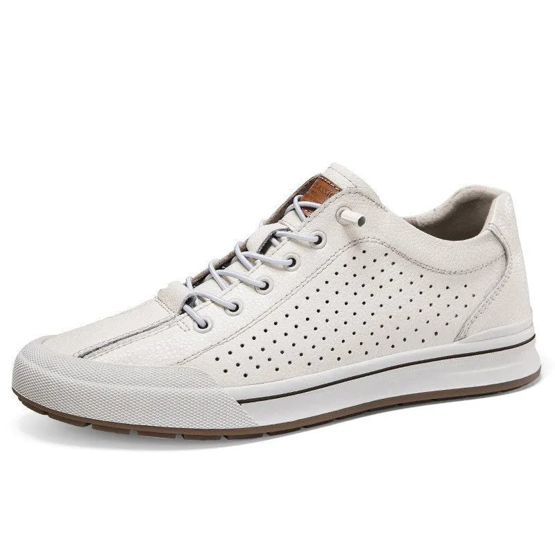 Men's white breathable shoes with round toe and flat 6CM heel, made of matte leather.