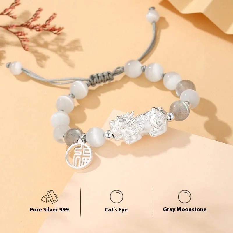 Hand-woven 999 sterling silver couple bracelet set with animal elements and tassel details
