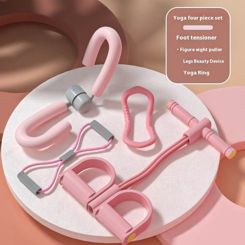 Yoga four-piece fitness set containing a leg beauty device, yoga ring, pedal tension device, and figure eight tension rope.