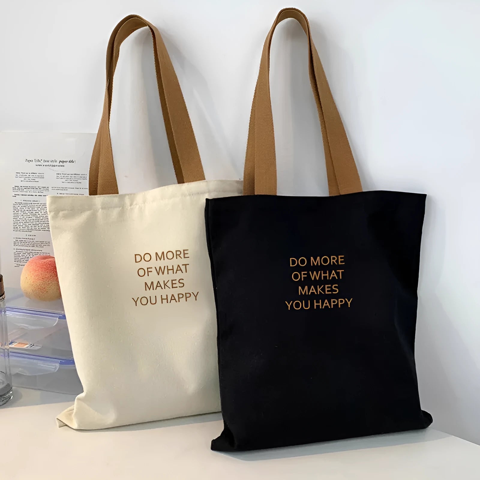 Simple casual beige canvas bag with all-match letters print for leisure travel