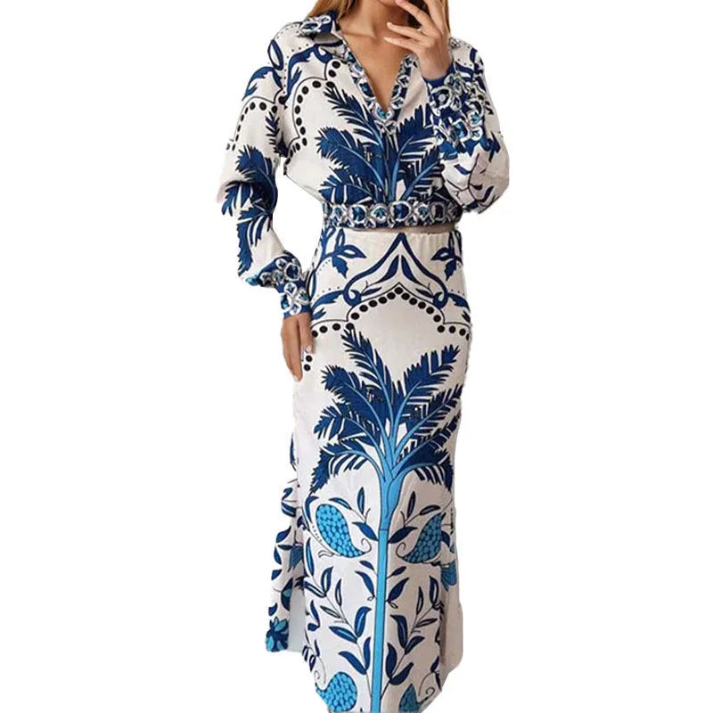 Women's early spring two-piece casual outfit with long sleeve top and long skirt