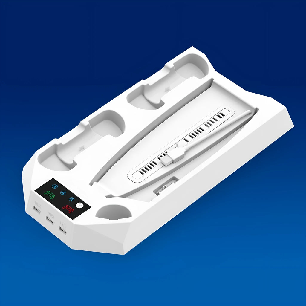 White PS5 charging base and radiator stand dock with headphone hook next to a PlayStation 5 console.