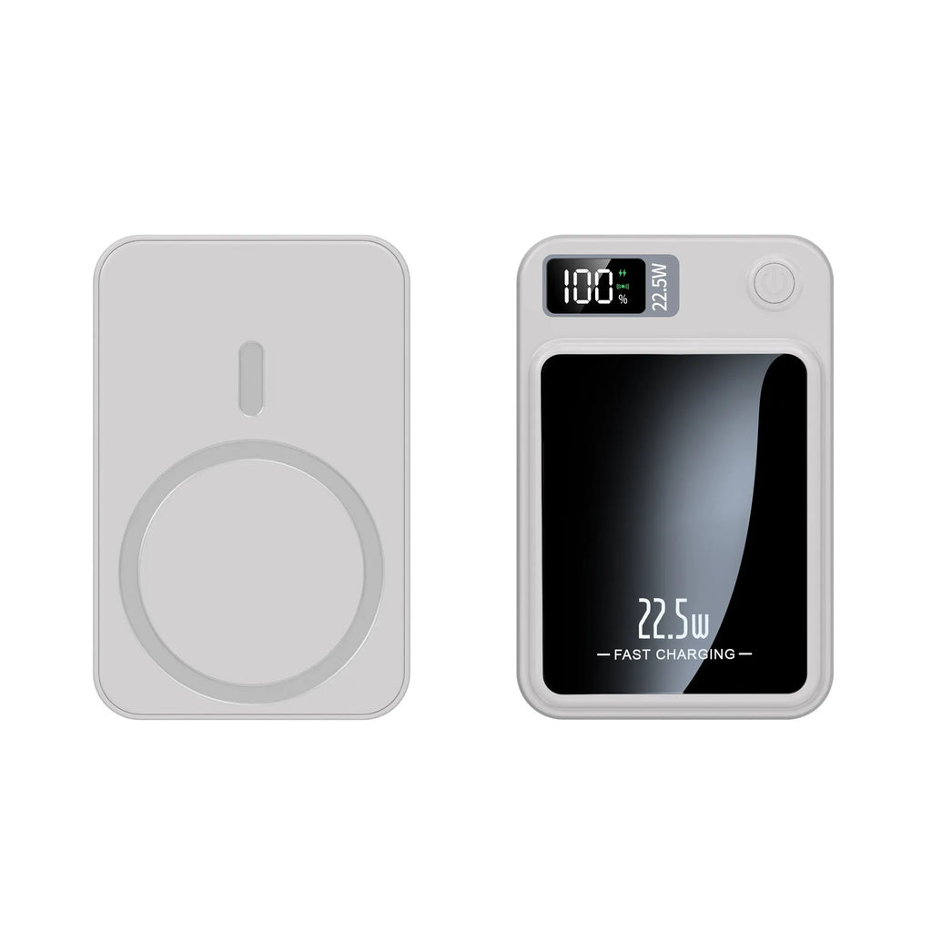 Wireless power bank with MagSafe charging in black, white, purple or green colour with industrial style plastic shell