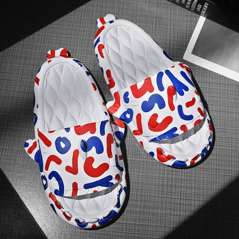 Cute shark couple design open-toe EVA home slippers in beige colour.